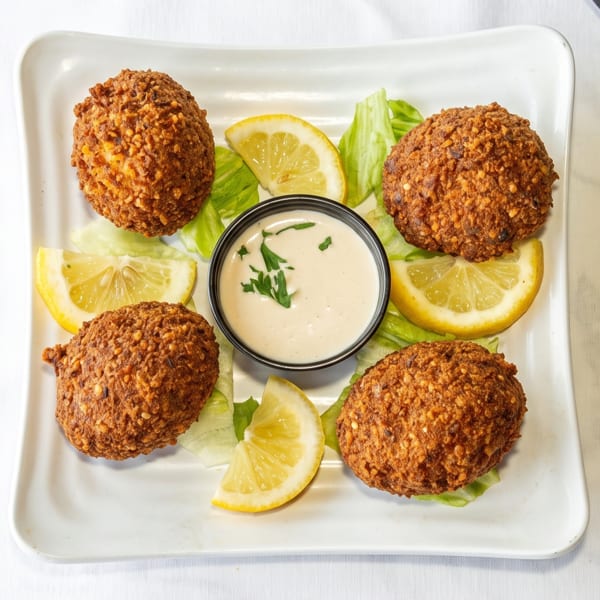 Crispy falafel served with fresh lemon wedges, lettuce, and a creamy dipping sauce.