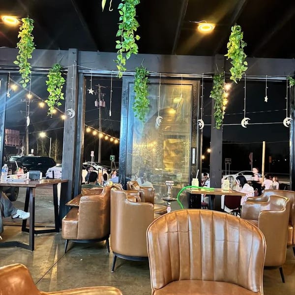 Cozy restaurant interior at night with brown leather chairs, hanging plants, and string lights.