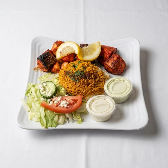 Salmon Kabob Platter.